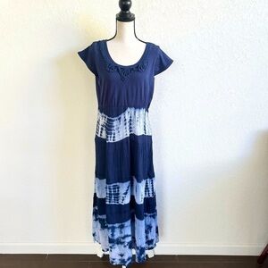 CW CLASSICS Blue Tie Dye Maxi 100% Cotton Dress Cap Sleeve Small Crochet Neck